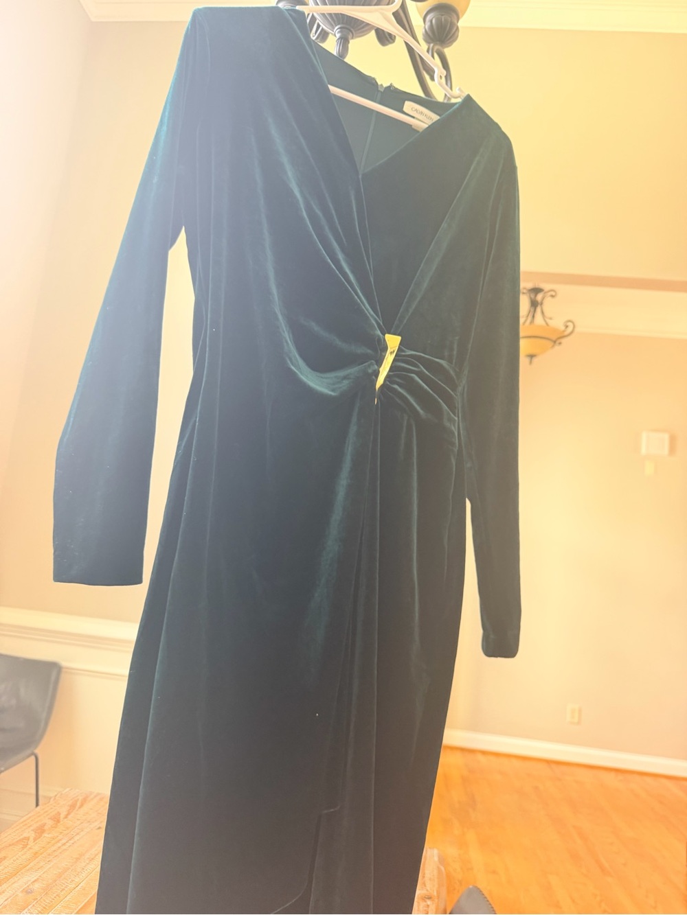Calvin Klein Emerald Velvet Twist-Front Long Sleeve Dress